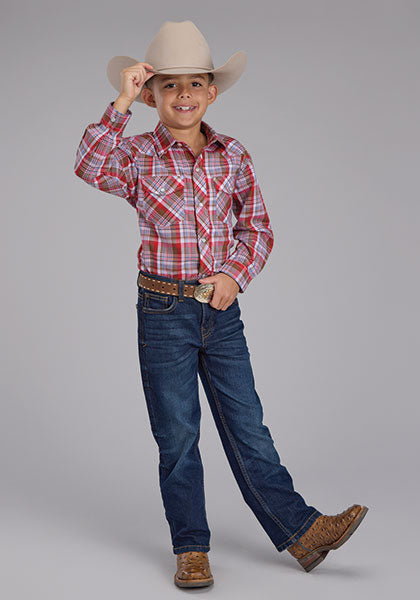 Roper Boy's Brown/Red/Blue Plaid Long Sleeve Snap Shirt
