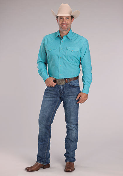 Roper Men's Mini Check Plaid Turquoise Long Sleeve Snap Shirt