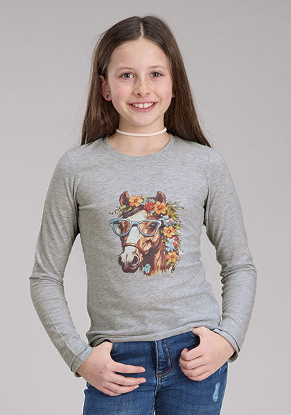 Roper Girl's Heather Grey Horse Graphic Long Sleeve T-Shirt