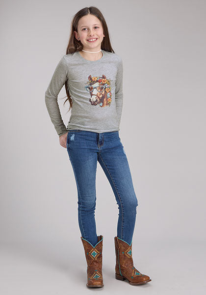 Roper Girl's Heather Grey Horse Graphic Long Sleeve T-Shirt