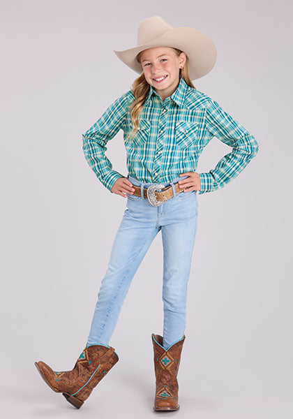 Roper Girl's Ocean Dobby Blue Plaid Snap Shirt