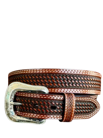 Cowboy Chrome Men's Cognac Belt with Basket Tooling