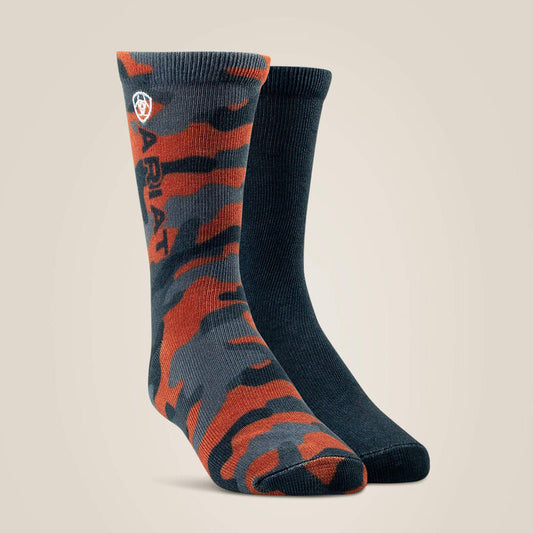 Ariat Kid's Orange Camo/Black Graphic Crew Socks-2 Pair Multi Color Pack