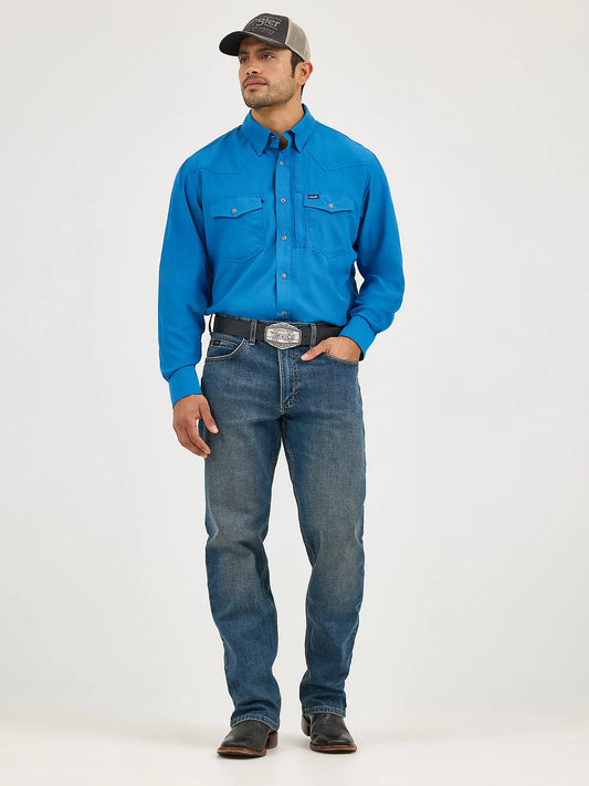 Wrangler Men's Performance Snap Long Sleeve Solid High Tide Blue Shirt