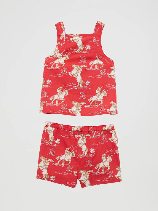 Wrangler Little Girl's Red Horse Western Print Short Set