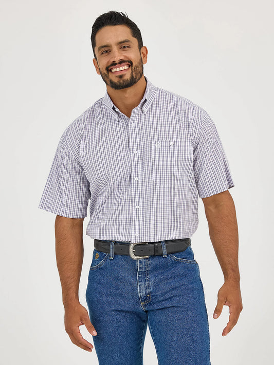 Wrangler Men's George Straight Short Sleeve One Pocket Button Down Violet Check Shirt
