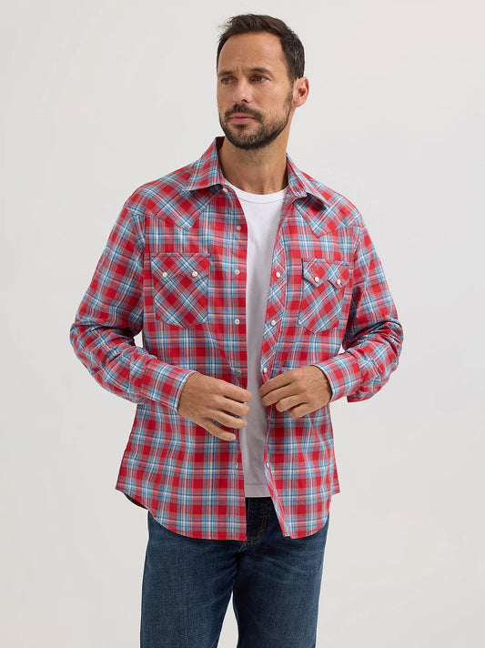 Wrangler Men's Cherry Red Retro Long Sleeve Sawtooth Snap Pocket Western Shirt