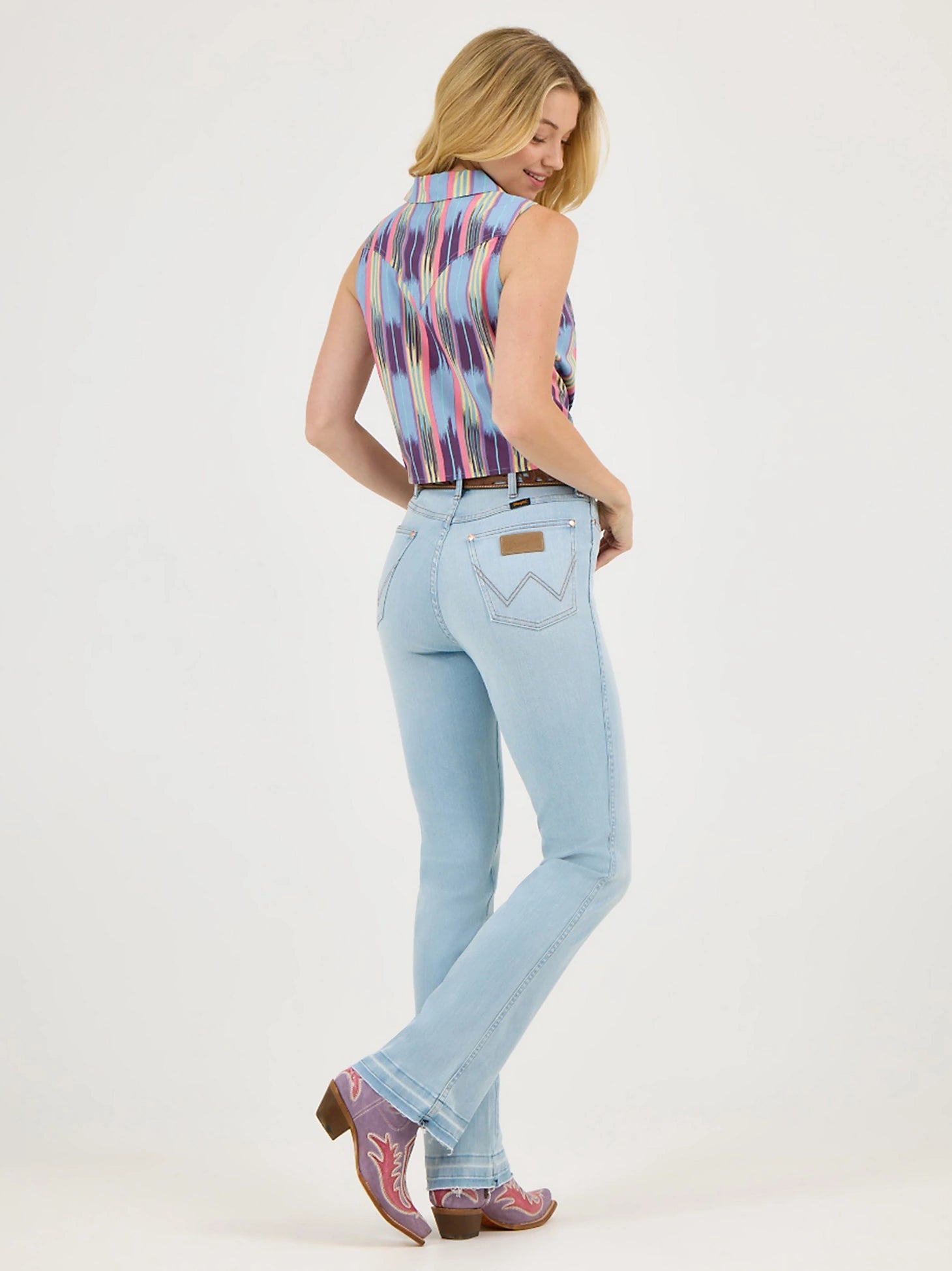 Wrangler X Lainey Wilson Raw Hem Bleach Blue Wash Boot Huggers Wrangler X Lainey Wilson Raw Hem Bleach Blue Wash Boot Huggers