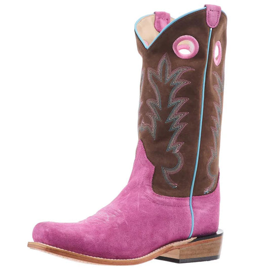 Old West Youth Pink Suede & Brown Punchy Square Toe Boots