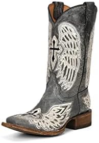 Corral Youth Girl's Black/White Leather Wings and Cross Square Toe Boots