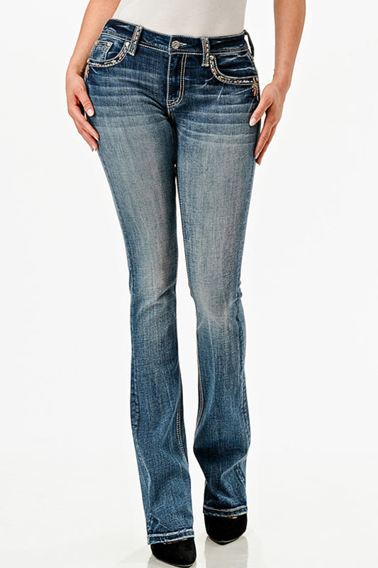 Grace in LA Women's Feather Headband Embroidery Mid Rise Bootcut Jeans