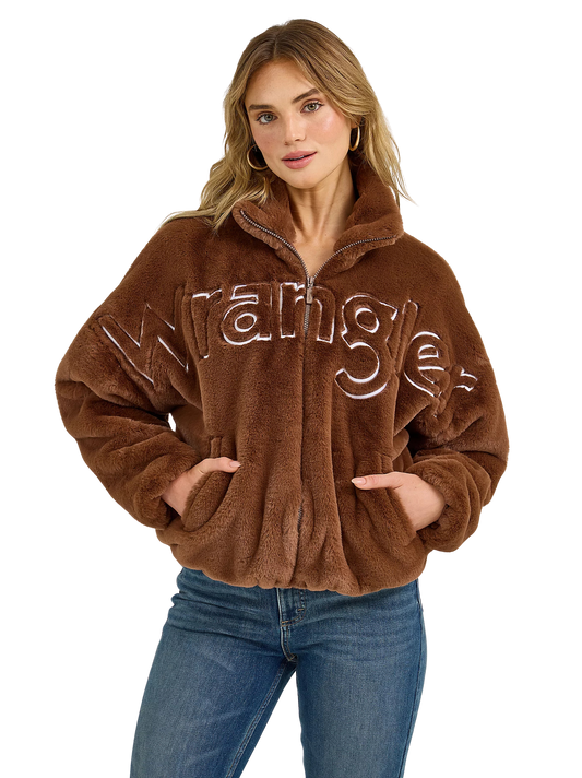 Wrangler Women's Logo Fuzzy Zip Teddy Brown Jacket