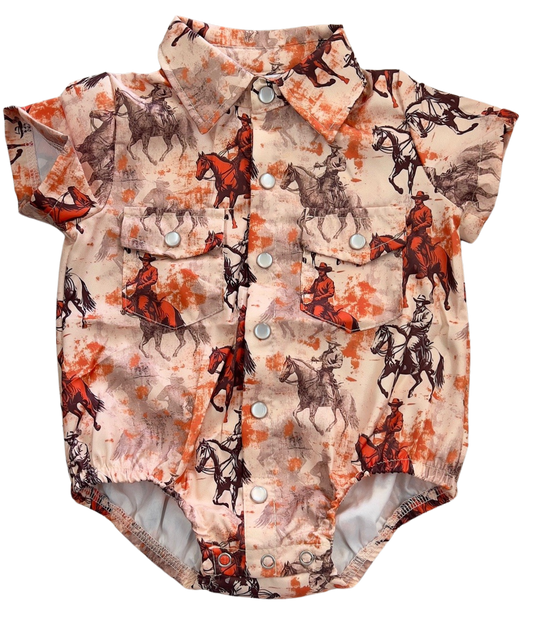 Shea Baby Boy's Traveling Cowboy Short Sleeve Pearl Snap Onesie