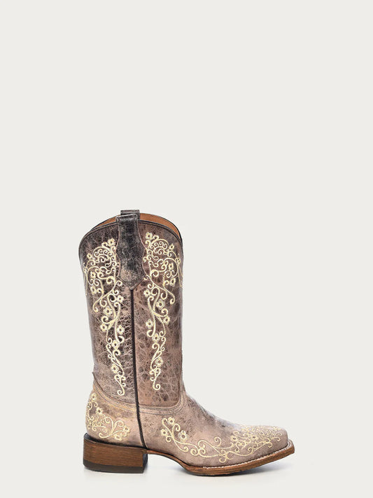 Corral Teen Girl's Bone Color Floral Embroidery Square Toe Boots