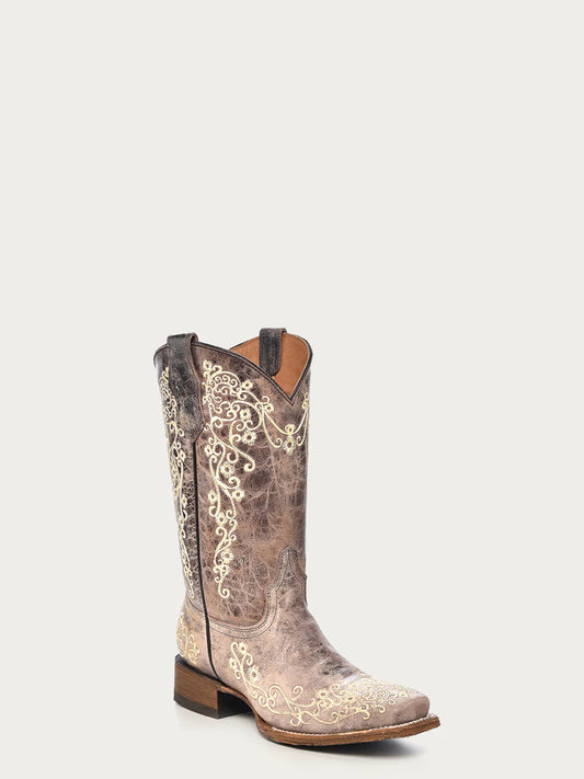 Corral Teen Girl's Bone Color Floral Embroidery Square Toe Boots