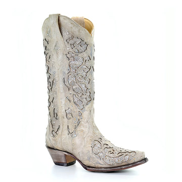 Corral Women's White w/Glitter Inlay Bridal Snip Toe Cowboy Boots