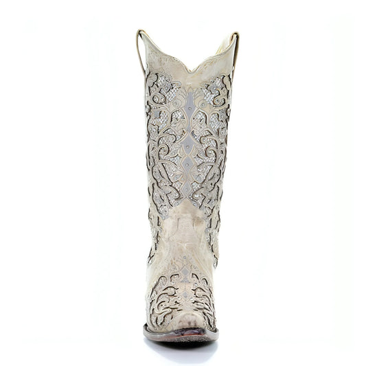Corral Women's White w/Glitter Inlay Bridal Snip Toe Cowboy Boots