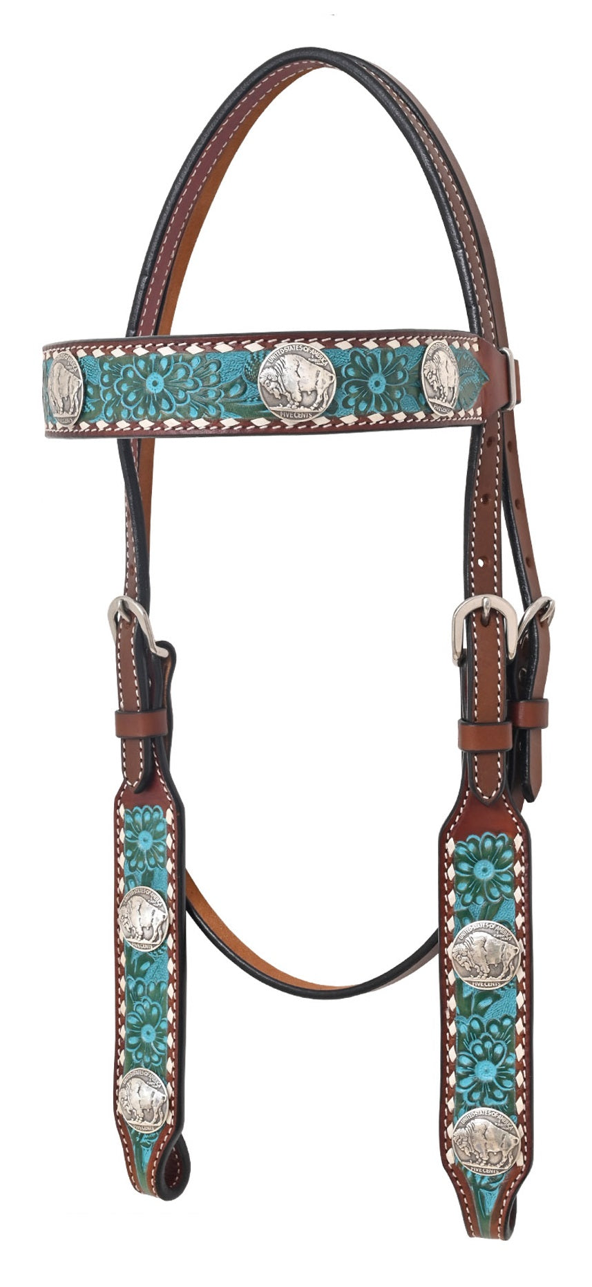 Rafter T Floral Tooled Browband Headstall w/White Buckstitch