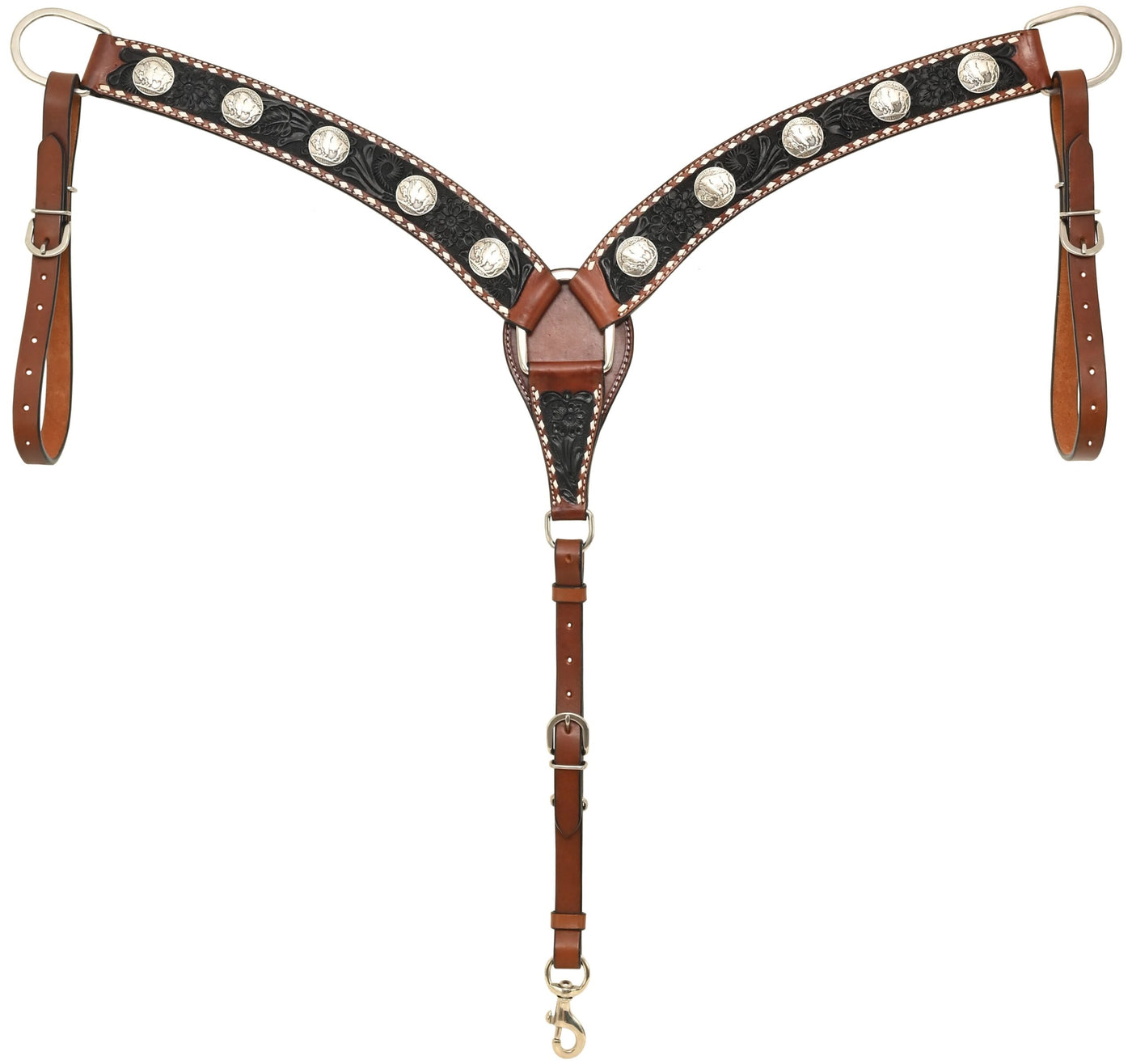 Rafter T Floral Tooled Breast Collar w/White Buckstitch & Buffalo Conchos