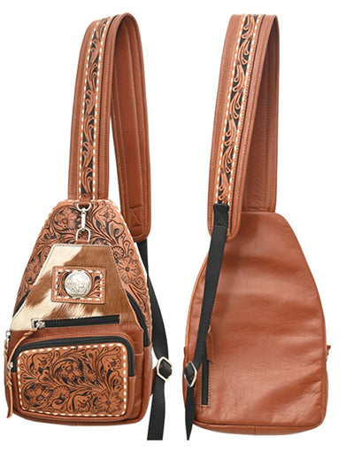 Rafter T Floral Tooled Sling Bag w/Hair-on