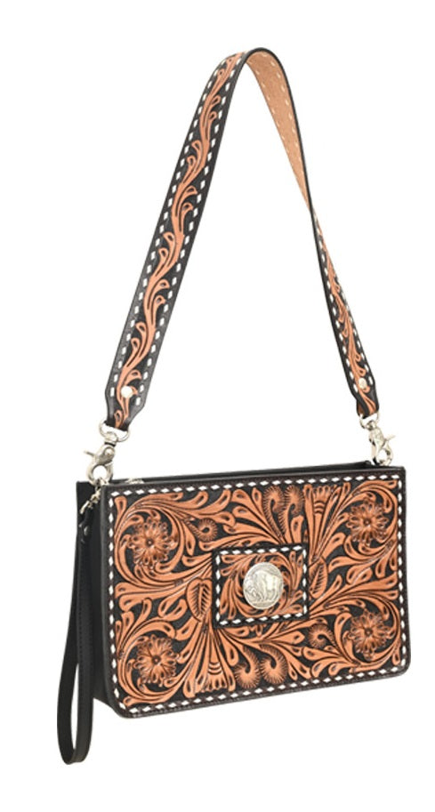 Rafter T Crossbody Bag w/Floral Tooling & White Buckstitch