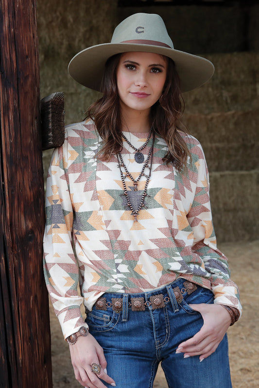 Cruel Denim Women's Cream Aztec Long Sleeve Rib Knit Top