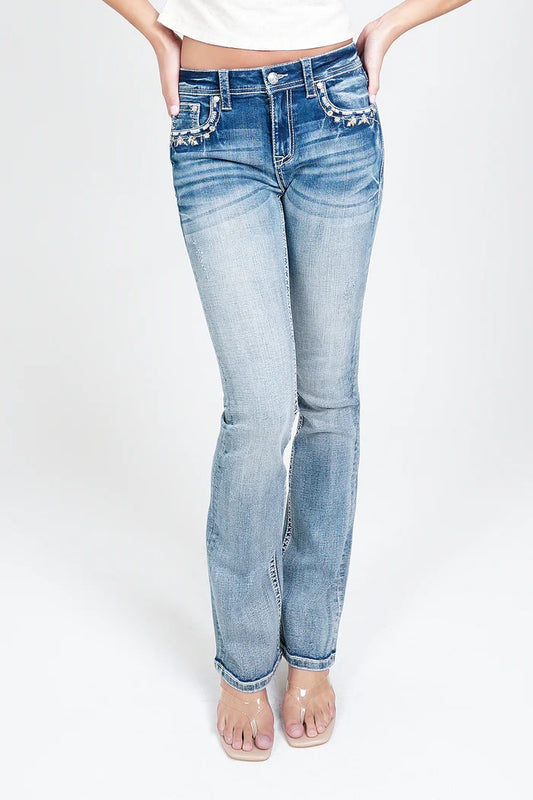 Grace Women's Floral Modify Faux Flap Embellished Mid Rise Bootcut Jean