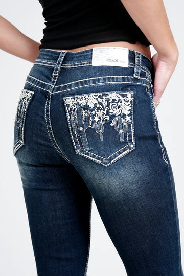 Grace in LA Women's Easy Fit Dark Wash 3D Cactus Mid Rise Bootcut Jeans
