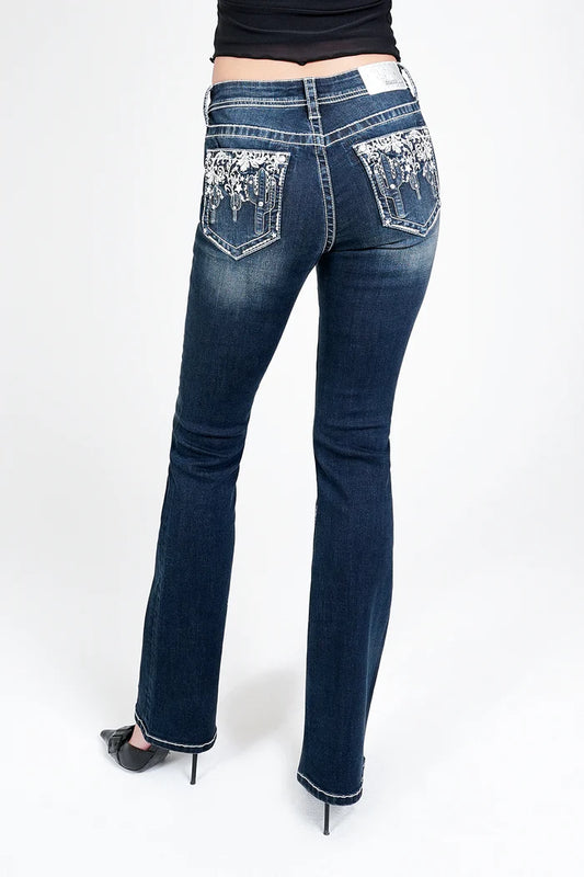 Grace in LA Women's Easy Fit Dark Wash 3D Cactus Mid Rise Bootcut Jeans