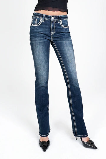 Grace in LA Women's Distressed Basic Med Blue Mid Rise Skinny Jeans