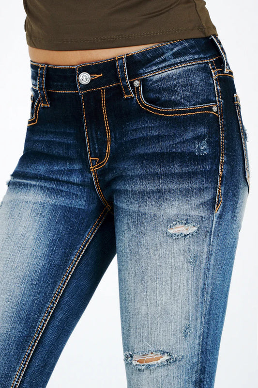 Grace in LA Women's Distressed Basic Med Blue Mid Rise Skinny Jeans