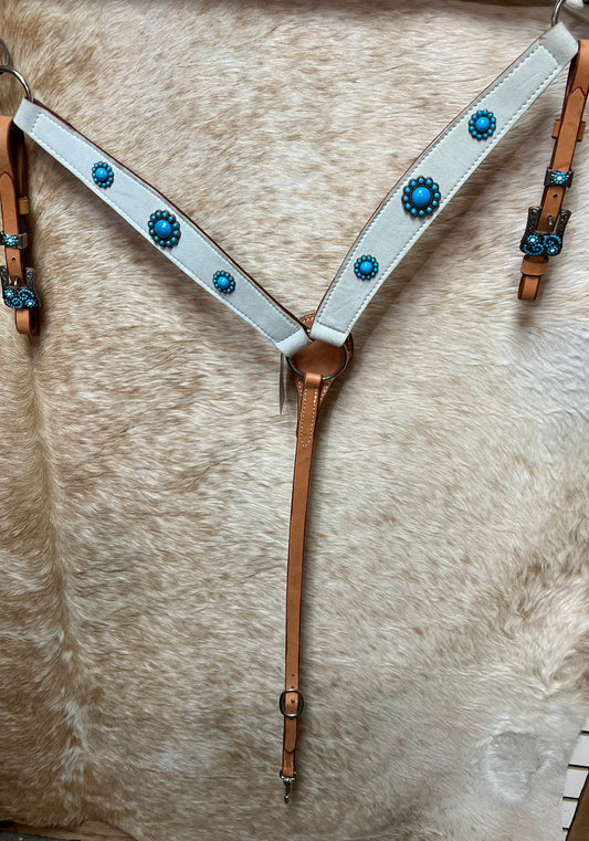Triple "W" Breastcollar White Suede with Blue Conchos