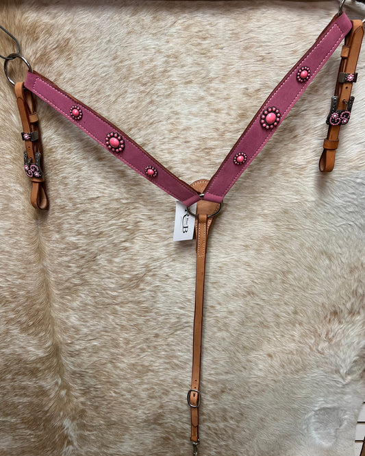 Triple "W" Breastcollar Pink Suede with Pink Conchos