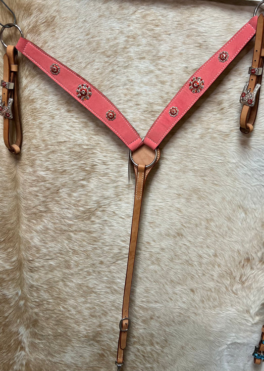 Triple "W" Breastcollar Pink Suede with White and Red Conchos