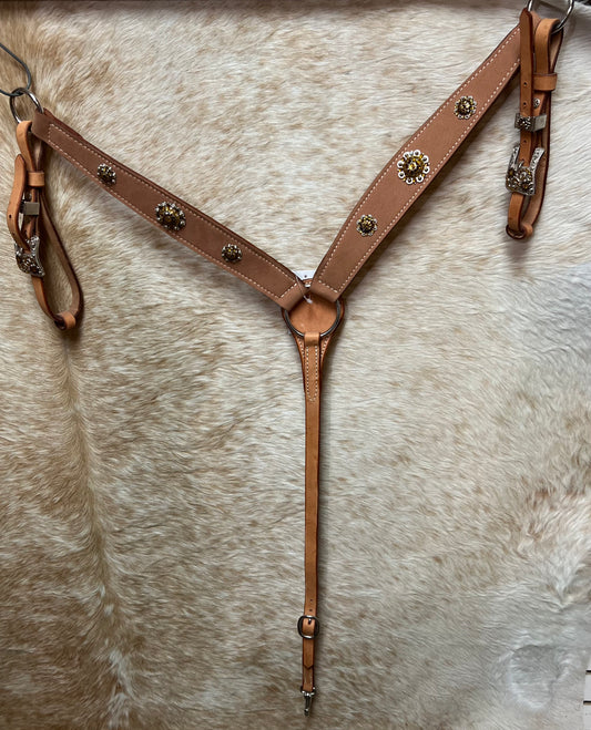 Triple "W" Breastcollar Brown Suede with Gold and Brown Conchos