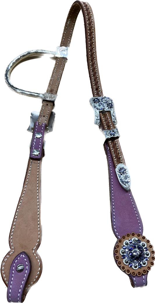 Triple "W" Sample Headstall With Basket Tooled, Pink Suede Cheek and Gray and White Crystals