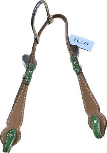 Triple "W" Sample Headstall With Basket Tooled, Green Hair on Cheek and White Crystals