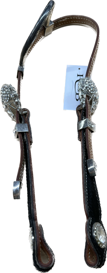 Triple "W" Sample Headstall With Basket Tooled, Black Hair on Cheek and White Crystals