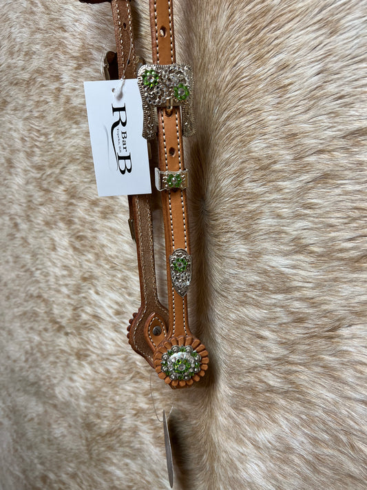 Triple "W" One Ear Basket Stamped with Green and White Conchos and Buckles