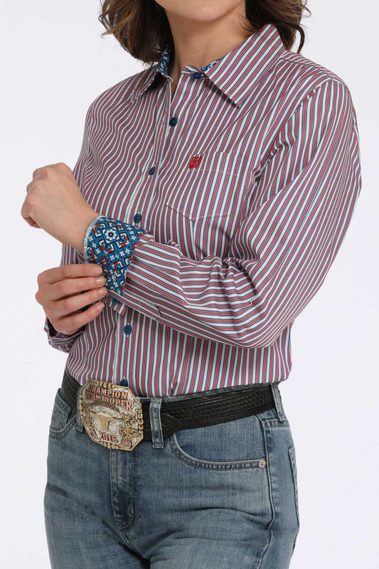 Cinch Women's Red, White, & Blue Tencel Stripe Long Sleeve Shirt