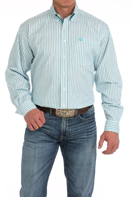 Cinch Men's White w/Blue Striped Button-Down Tencel Shirt