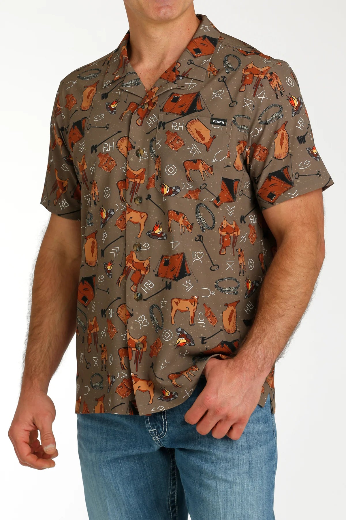 Cinch Men's Brown Cowboy Print Camp Shirt