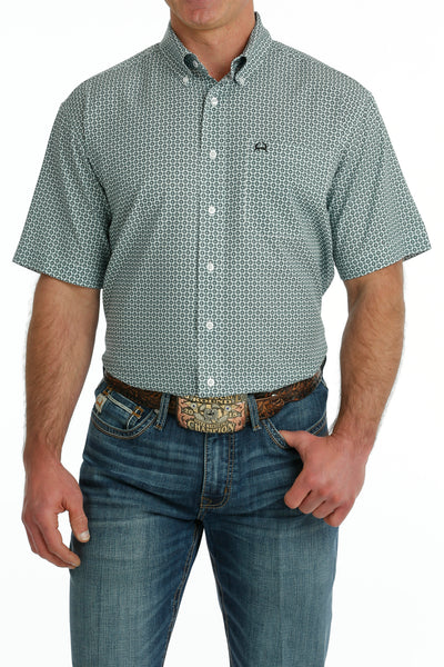 Cinch Men's White w/Teal Geometric Print Arena Flex Short Sleeve Shirt