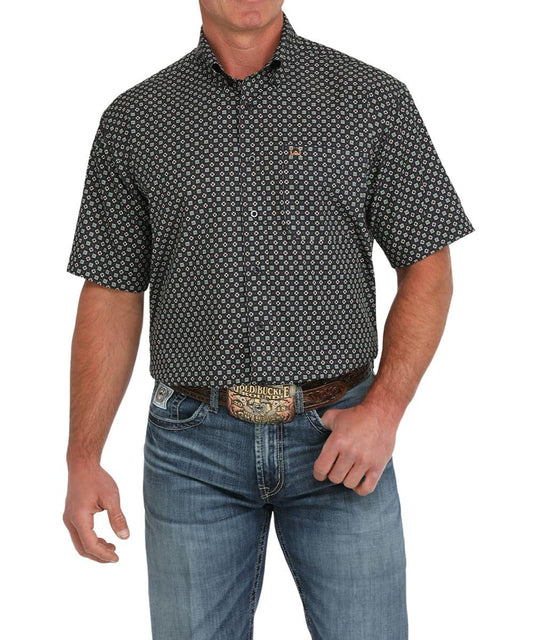 Cinch Men's Navy Geometric Print ArenaFlex Short Sleeve Button-Down Shirt