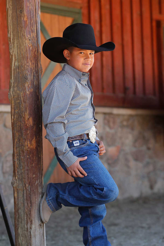 Cinch Boy's Teal Print Long Sleeve Button Down Shirt