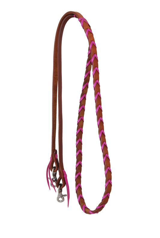 Rafter T 5/8" Harness Leather w/Pink Plait Barrel Rein