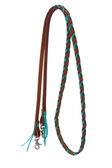 Rafter T 5/8" Harness Leather w/Turquoise Plait Barrel Rein