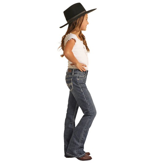Rock & Roll Girl's Ivory Embroidery Pockets Medium Vintage Bootcut Jeans