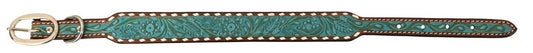 Rafter T Turquoise Wash Dog Collar w/Floral Tooling & White Buckstitch