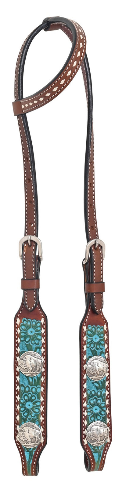 Rafter T One Ear Headstall w/Floral Tooling & White Buckstitch
